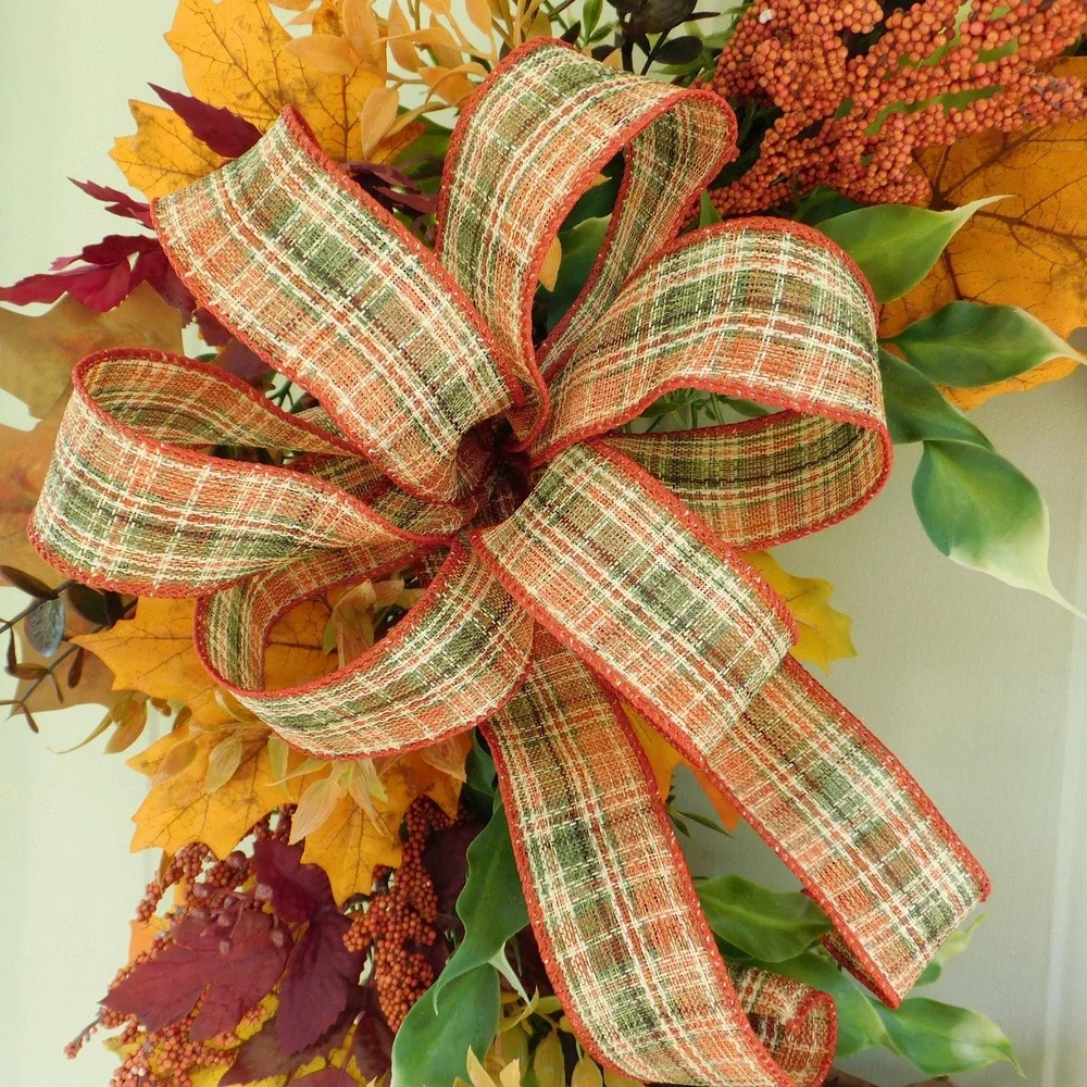Autumn Crescent Wreath with Plaid Bow, Orange Maple Leaves, Vibrant colors
